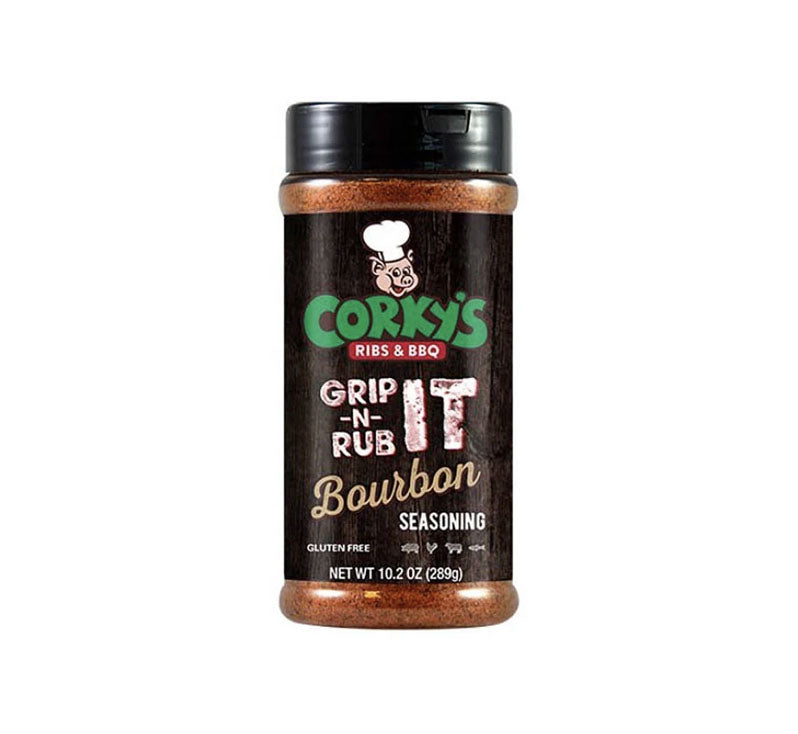 Corky’s BBQ Grip-N-Rub It Bourbon Seasoning bottle – bourbon-flavored dry rub”