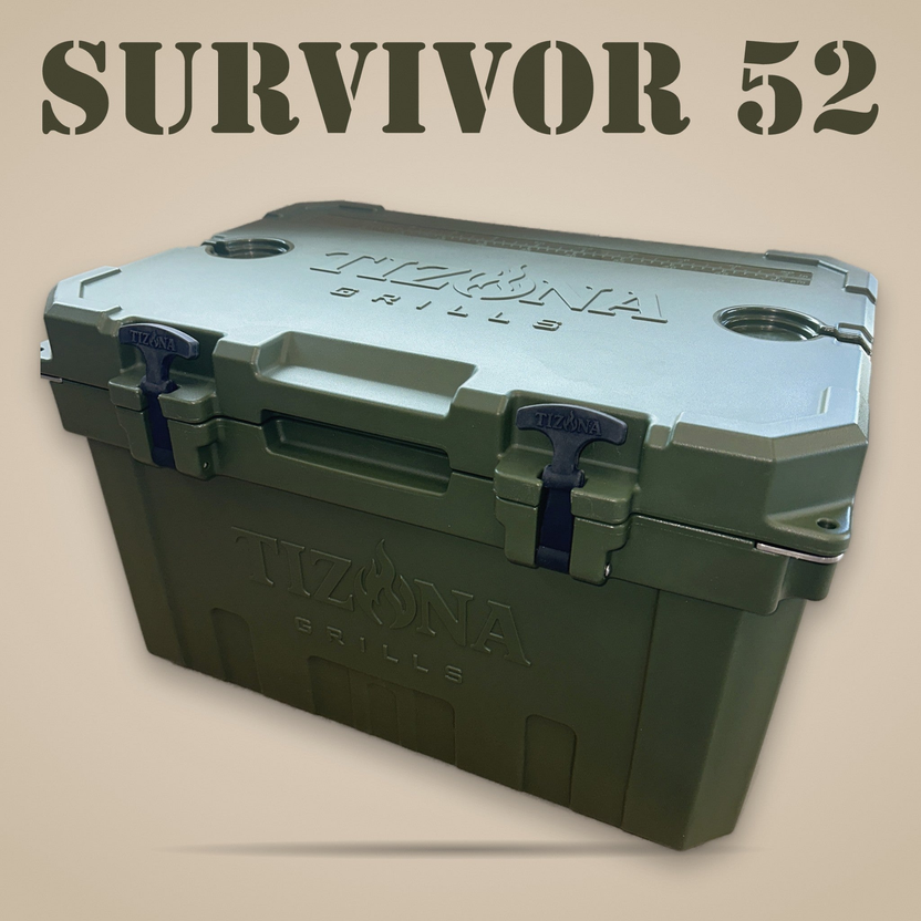 Tizona Survivor 52 quart rotomolded cooler, three-quarter view