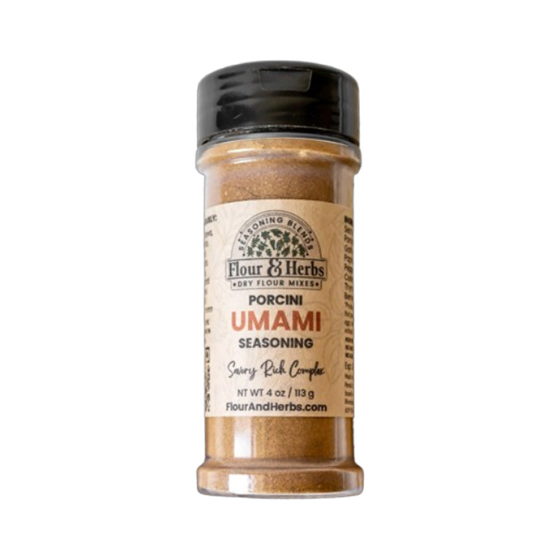 Flour & Herbs Porcini Umami Seasoning jar beside mushrooms and pasta.