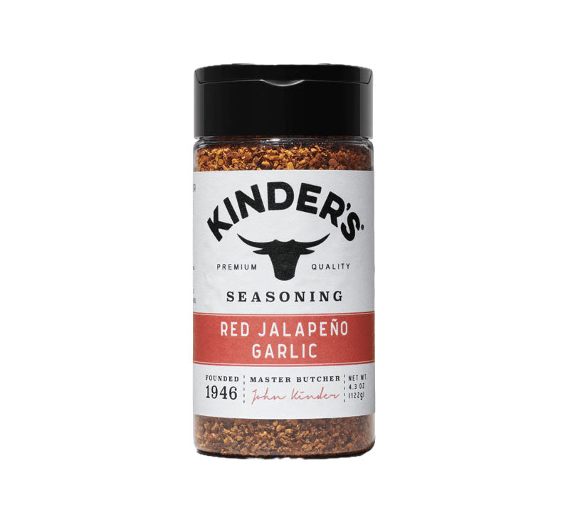 Kinder’s Red Jalapeño Garlic Seasoning bottle on display