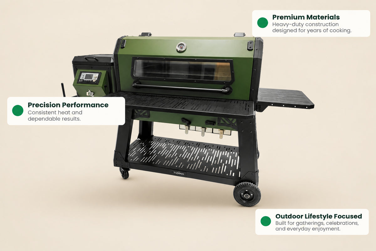 Tizona pellet grill with a viewing window and side shelf