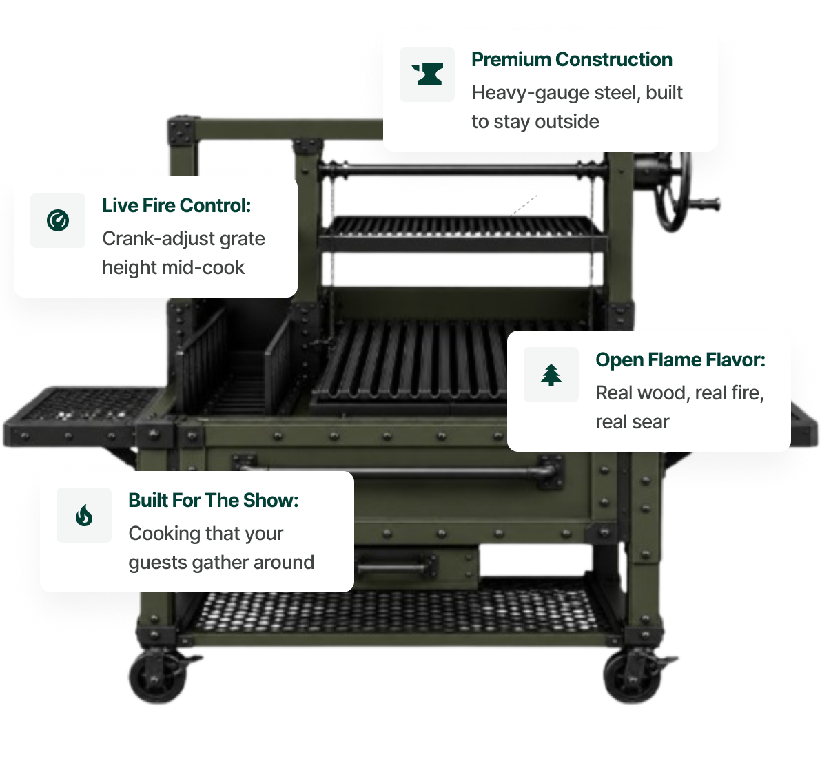 Tizona kamado charcoal grill on its cart stand with side shelves