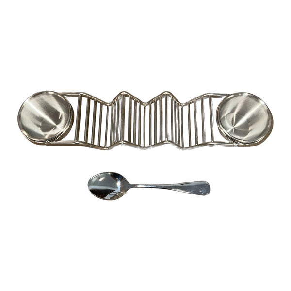Stainless steel taco holder rack with two dip cups and spoon