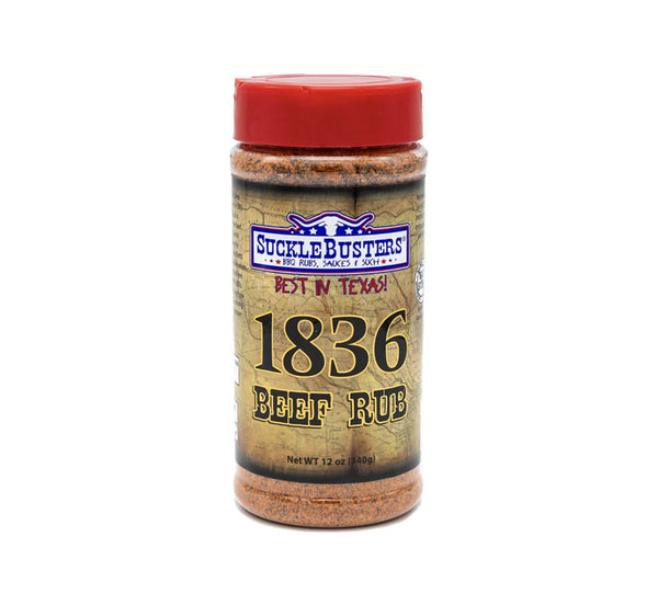 SuckleBusters 1836 Beef Rub jar with bold cracked black pepper seasoning visible