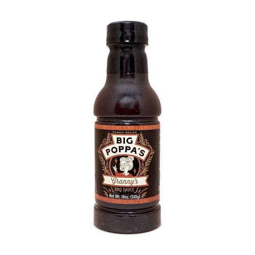 Big Poppa’s Granny’s BBQ Sauce bottle beside glazed ribs
