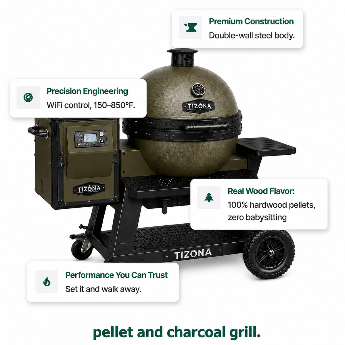 Tizona kamado charcoal grill on its cart stand with side shelves