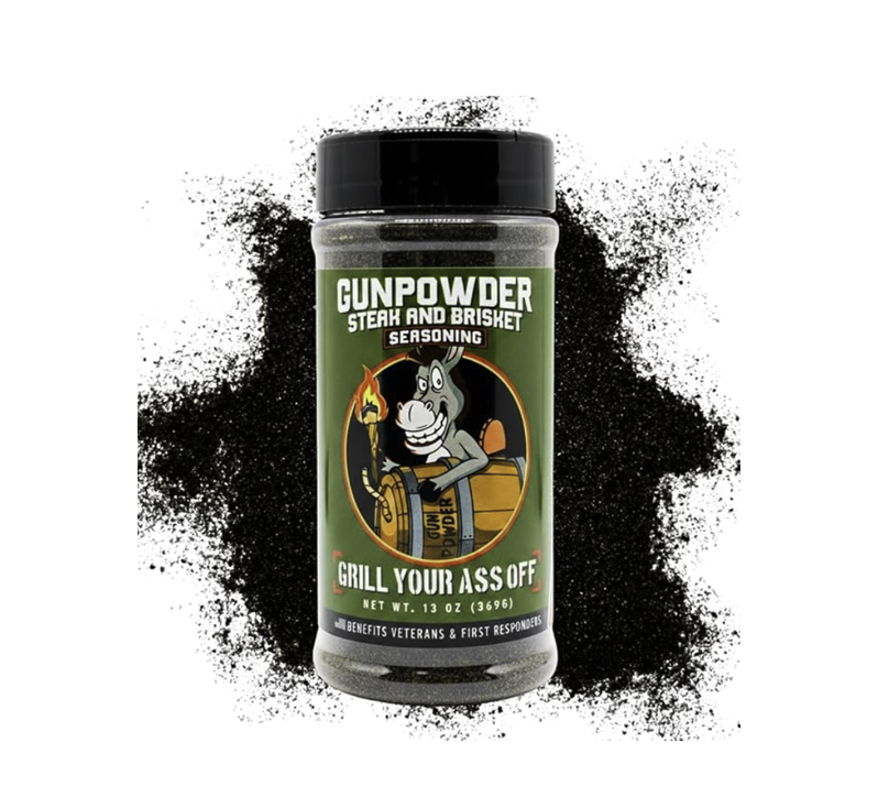 Gunpowder Steak and Brisket Seasoning bottle by Grill Your Ass Off