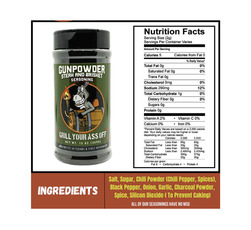 Gunpowder Steak and Brisket Seasoning bottle by Grill Your Ass Off