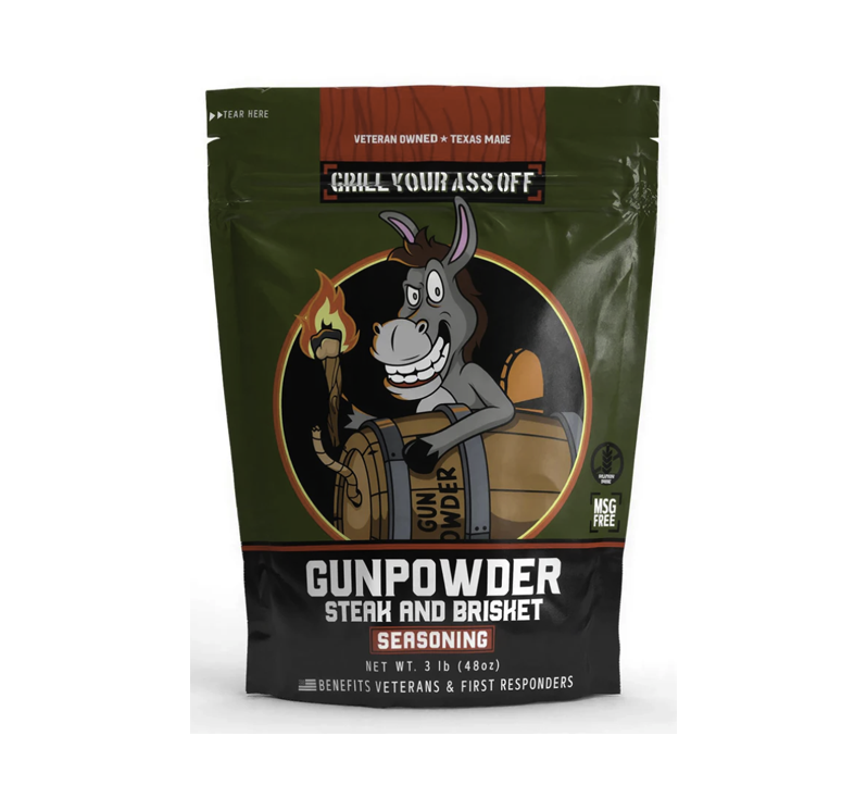 Gunpowder Steak and Brisket Seasoning bottle by Grill Your Ass Off