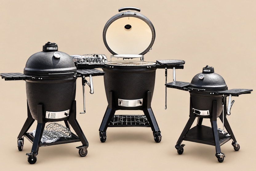 Three ceramic kamado-style grills in different sizes shown on a plain white background, with the center grill open to reveal the interior lid and cooking chamber.