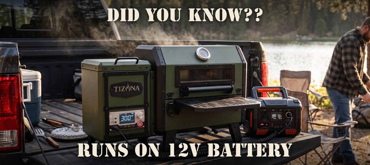 Tizona Scout pellet grill cooking on a truck tailgate, powered by the Explorer 300 portable power station through a 12V plug