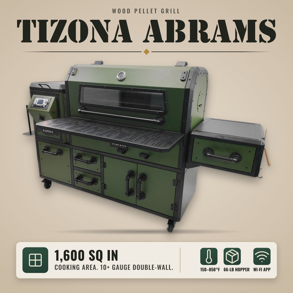 Tizona Abrams wood pellet grill: 1,600 sq in cooking area, 10+ gauge double-wall steel, 150–850°F, 66-lb hopper, Wi-Fi app