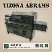 Tizona Abrams wood pellet grill: 1,600 sq in cooking area, 10+ gauge double-wall steel, 150–850°F, 66-lb hopper, Wi-Fi app