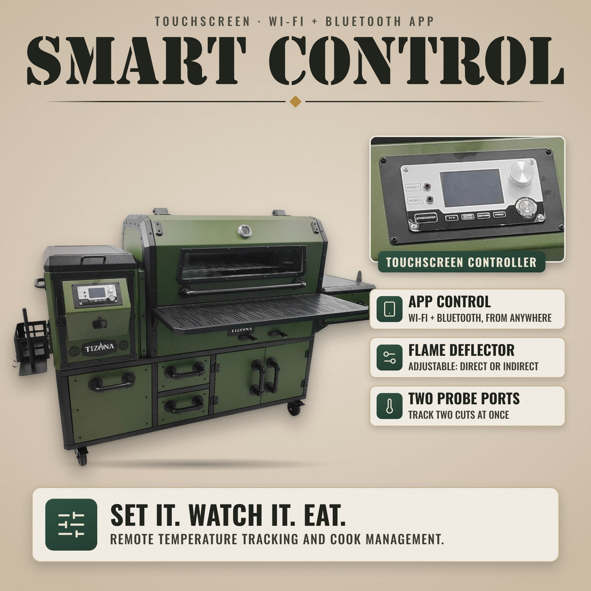 Tizona Abrams touchscreen controller with Wi-Fi and Bluetooth app control, adjustable flame deflector, two probe ports