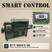 Tizona Abrams touchscreen controller with Wi-Fi and Bluetooth app control, adjustable flame deflector, two probe ports