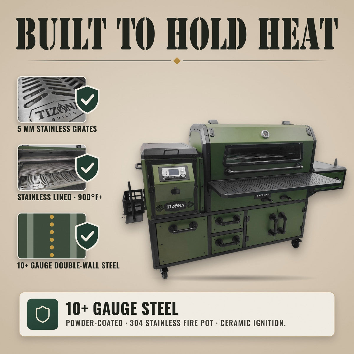 Tizona Abrams: 5 mm stainless grates, stainless-lined chamber, 10+ gauge double-wall steel, 304 stainless fire pot
