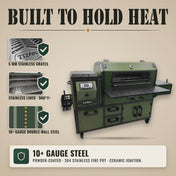 Tizona Abrams: 5 mm stainless grates, stainless-lined chamber, 10+ gauge double-wall steel, 304 stainless fire pot