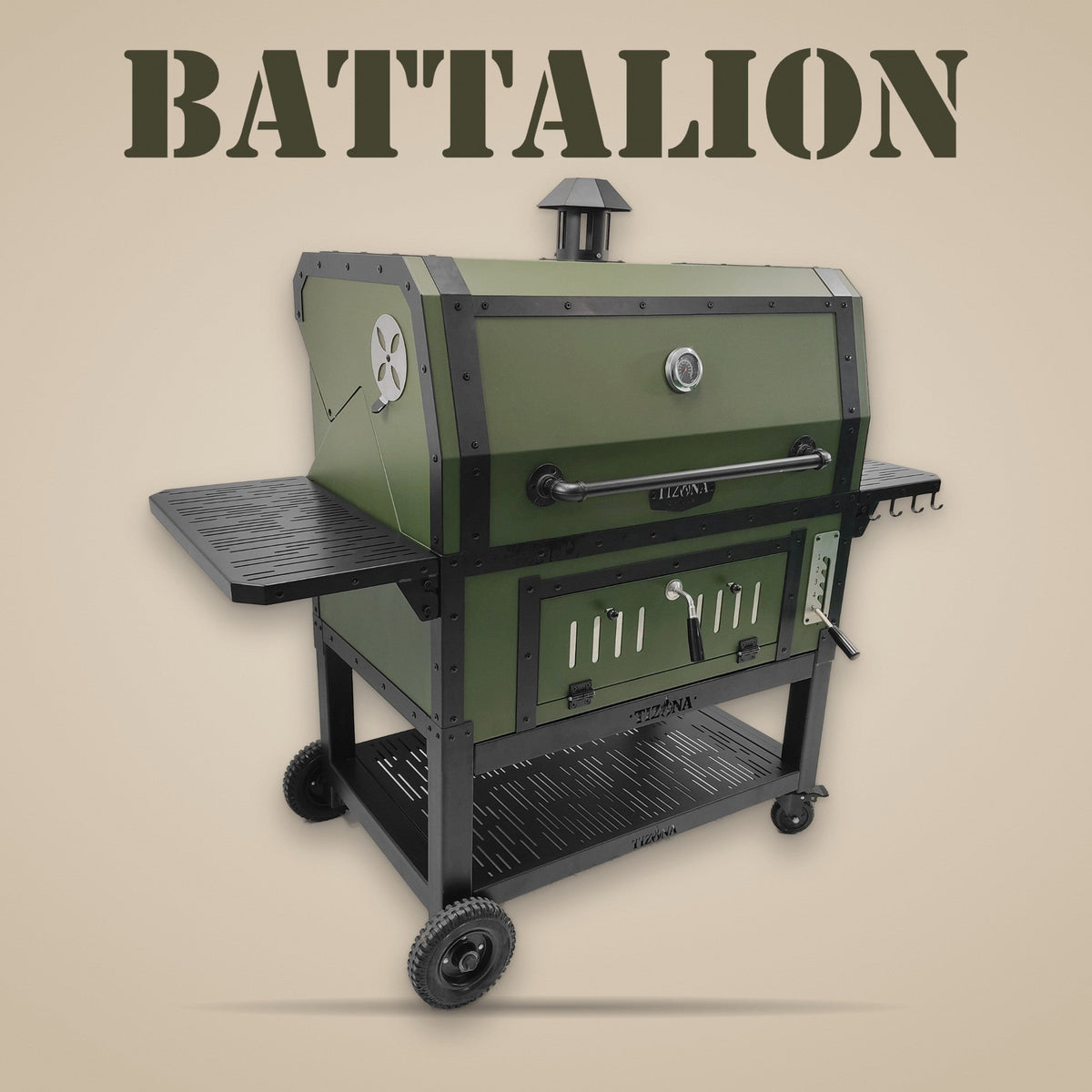 Tizona Battalion live-fire charcoal grill, front view