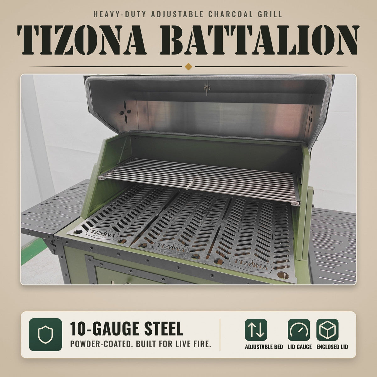 Tizona Battalion heavy-duty adjustable charcoal grill, lid open: 10-gauge steel, adjustable bed, lid gauge, enclosed lid