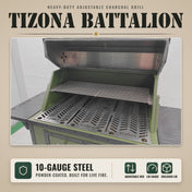 Tizona Battalion heavy-duty adjustable charcoal grill, lid open: 10-gauge steel, adjustable bed, lid gauge, enclosed lid