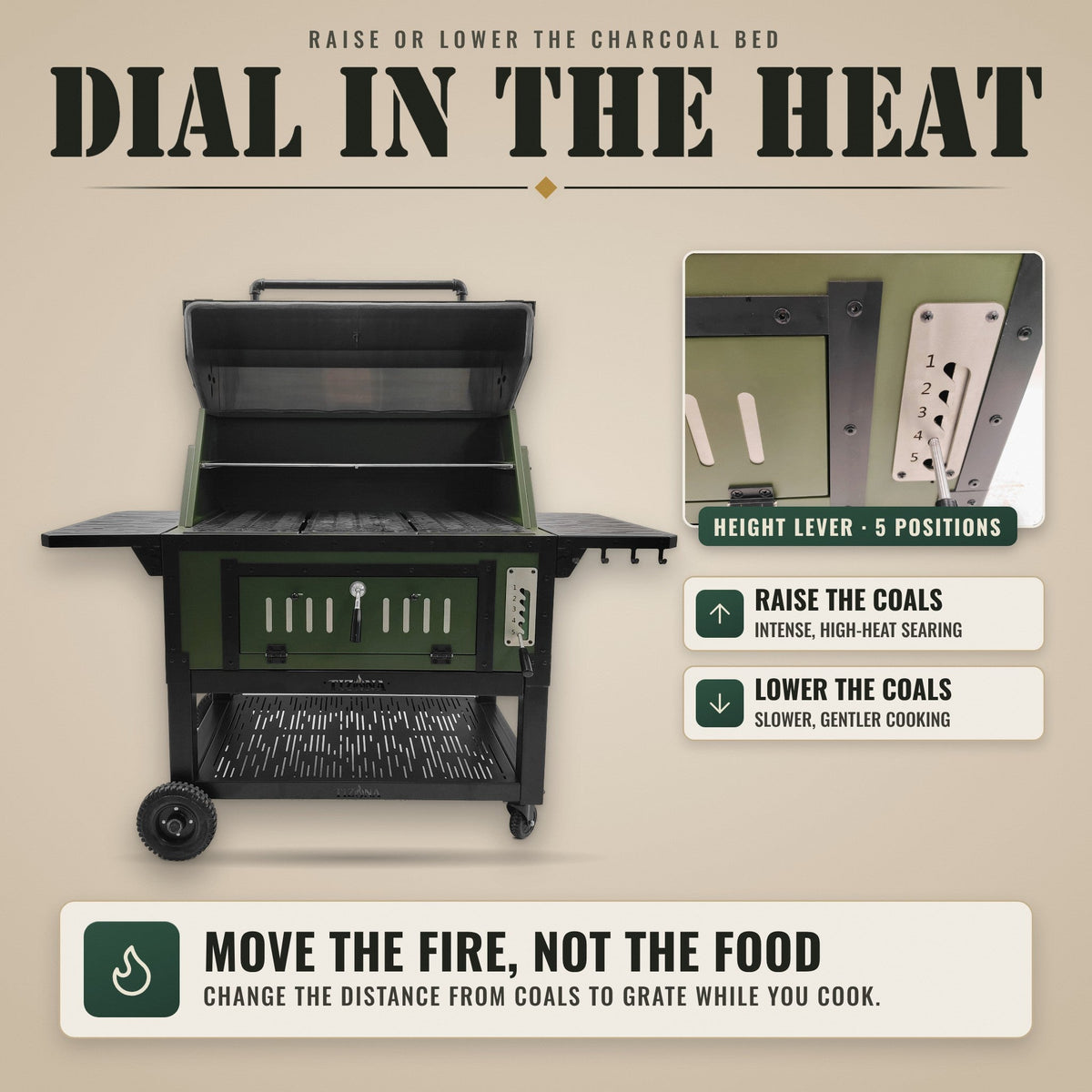 Tizona Battalion dial in the heat: raise or lower the charcoal bed with the height lever