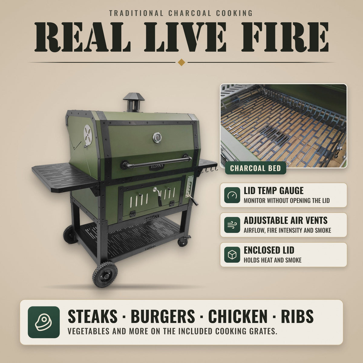 Tizona Battalion real live fire: charcoal bed, lid temp gauge, adjustable air vents, enclosed lid