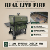 Tizona Battalion real live fire: charcoal bed, lid temp gauge, adjustable air vents, enclosed lid