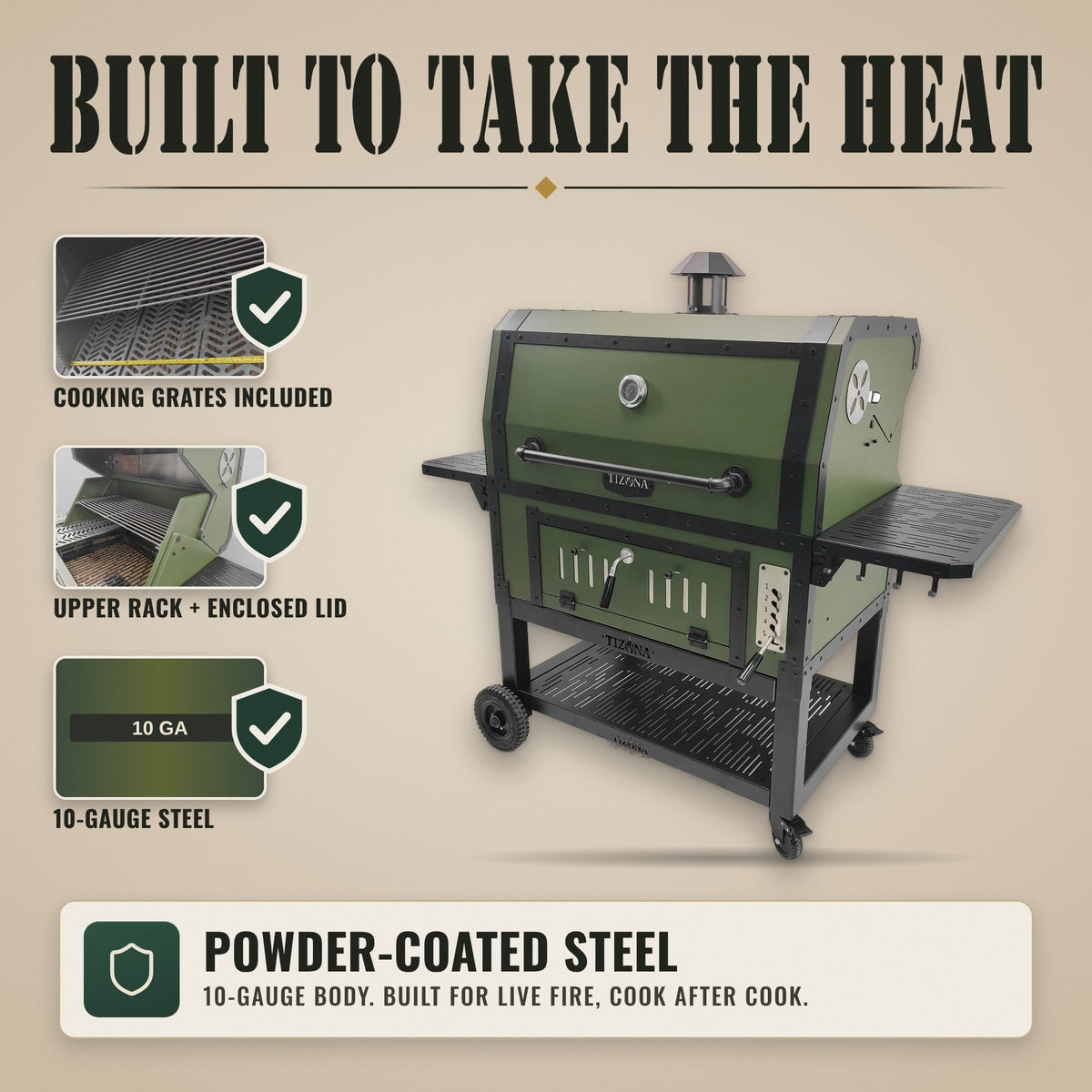 Tizona Battalion built to take the heat: cooking grates, upper rack, 10-gauge powder-coated steel