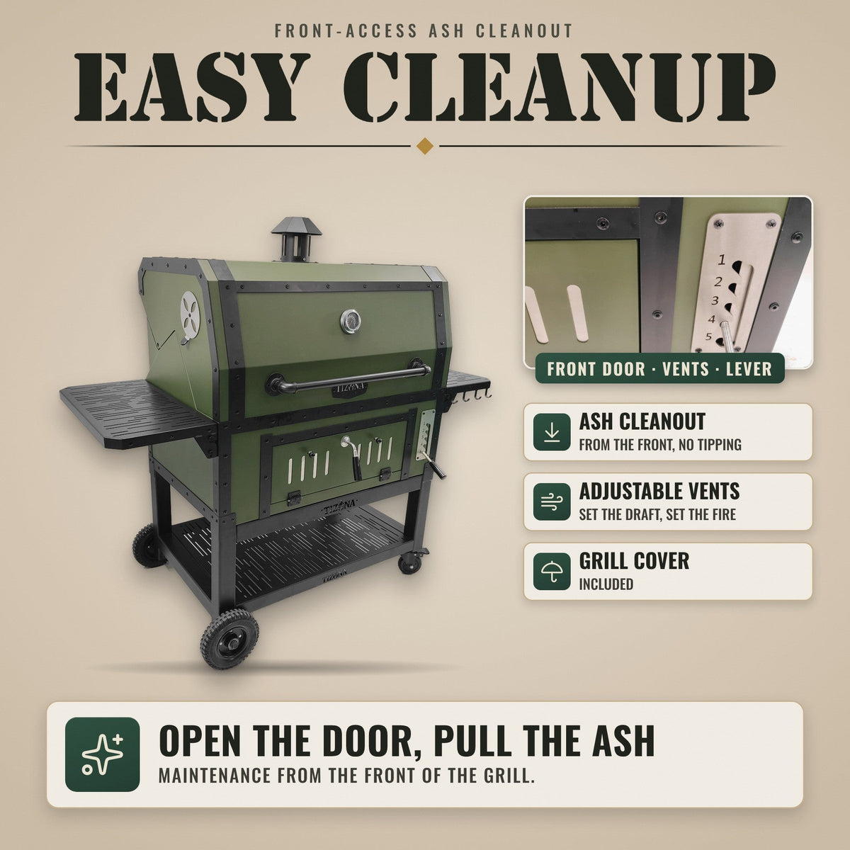 Tizona Battalion easy cleanup: front-access ash cleanout, adjustable vents, grill cover included