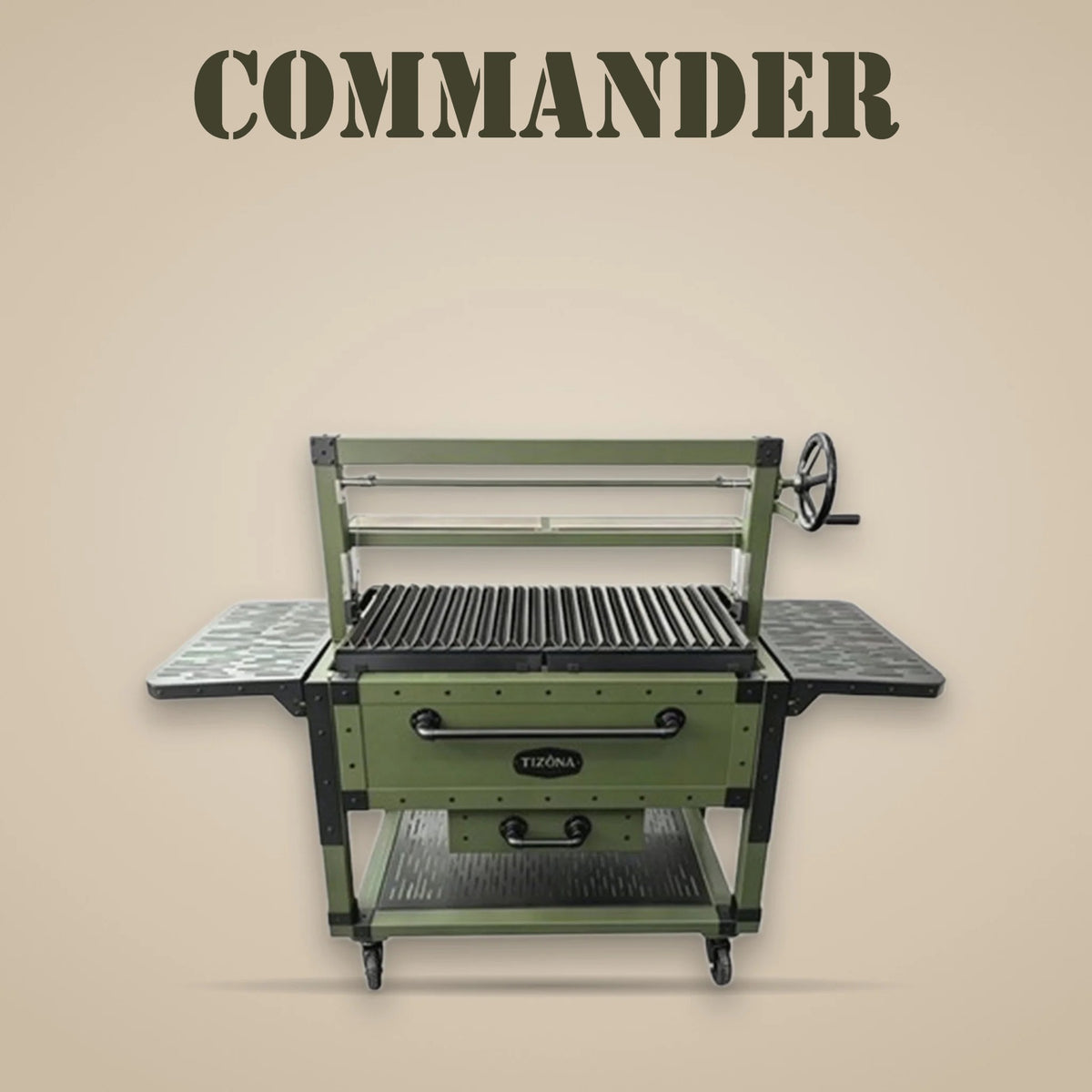 Tizona Commander live-fire grill in army green, front view