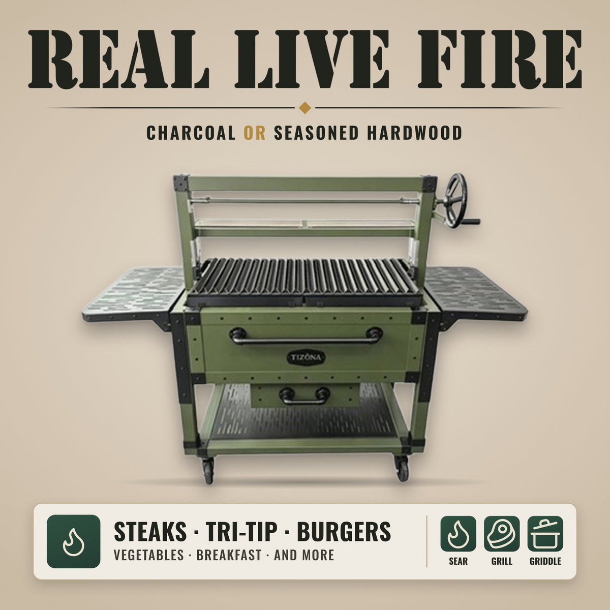 Tizona Commander burns charcoal or seasoned hardwood