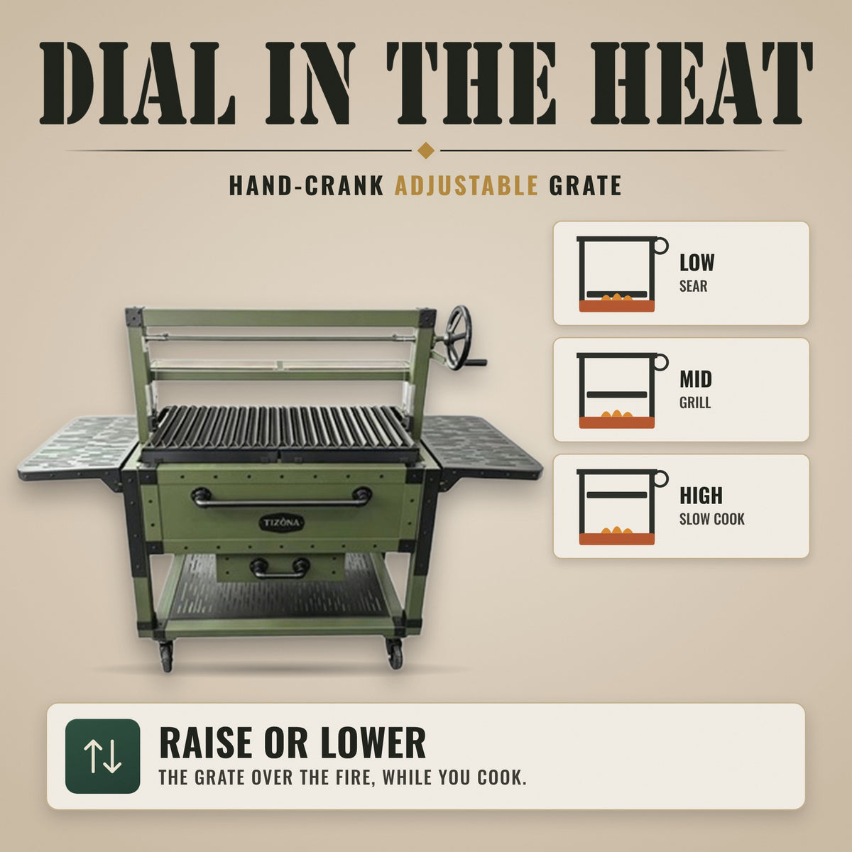 Tizona Commander hand-crank adjustable grate