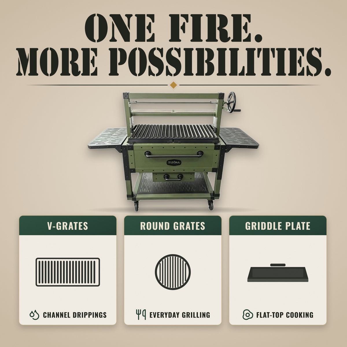 Tizona Commander cooking surfaces: V-grates, round grates, griddle plate