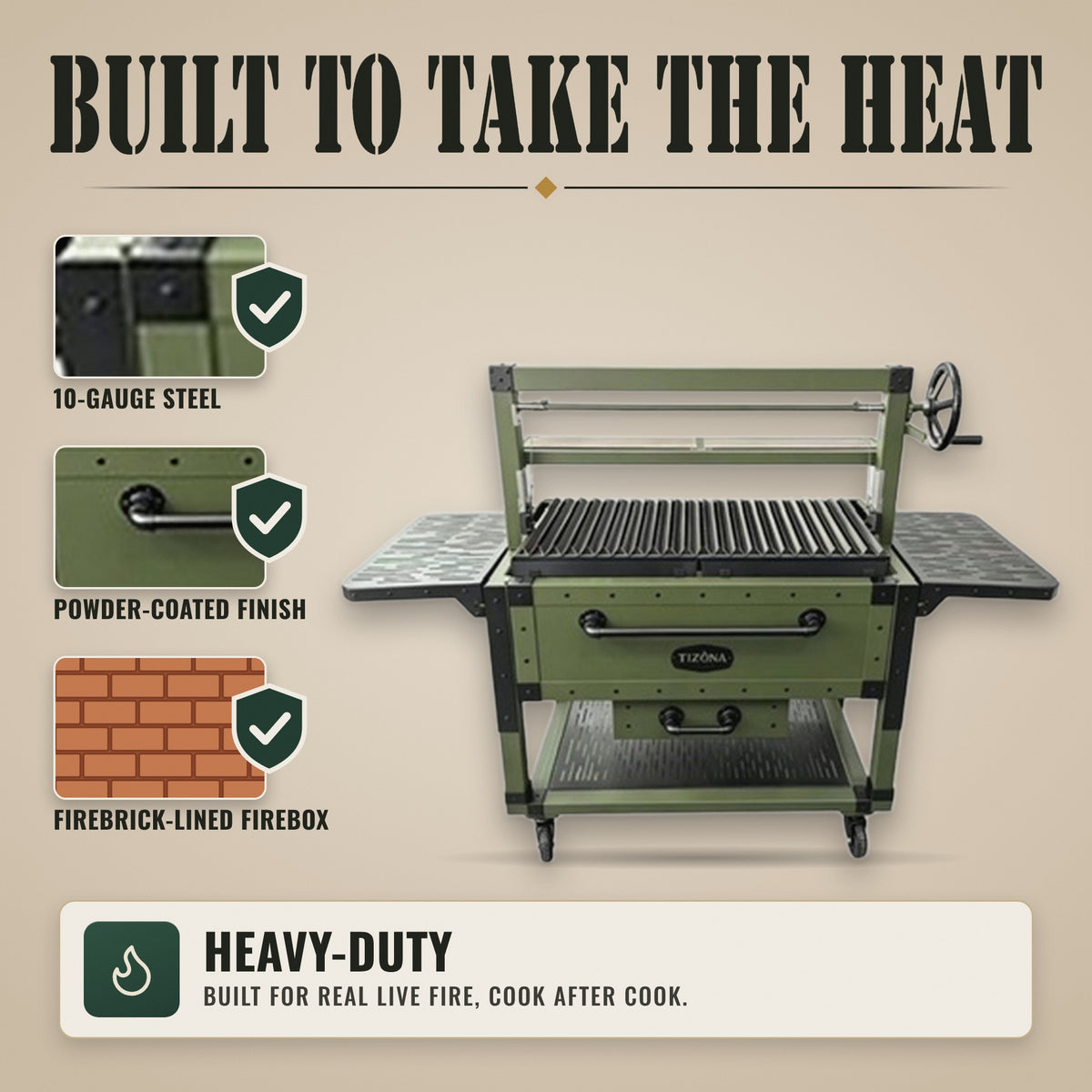 Tizona Commander: 10-gauge steel, powder-coated finish, firebrick-lined firebox