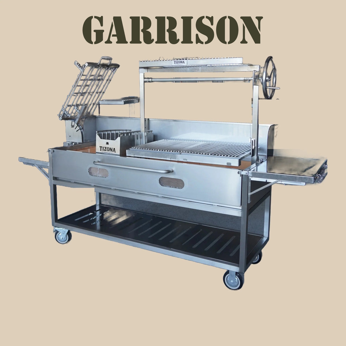 Tizona Garrison stainless live-fire grill, three-quarter view
