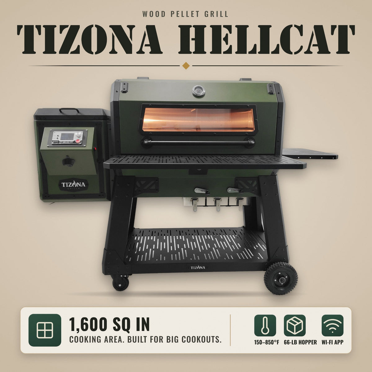 Tizona Hellcat wood pellet grill: 1,600 sq in cooking area, 150–850°F, 66-lb hopper, Wi-Fi app