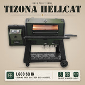 Tizona Hellcat wood pellet grill: 1,600 sq in cooking area, 150–850°F, 66-lb hopper, Wi-Fi app