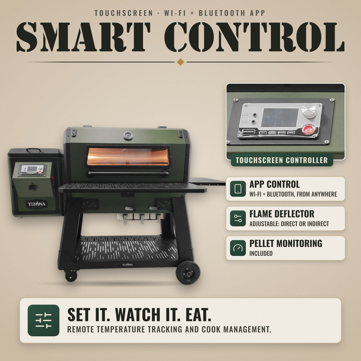 Tizona Hellcat touchscreen controller with Wi-Fi and Bluetooth app control and pellet monitoring