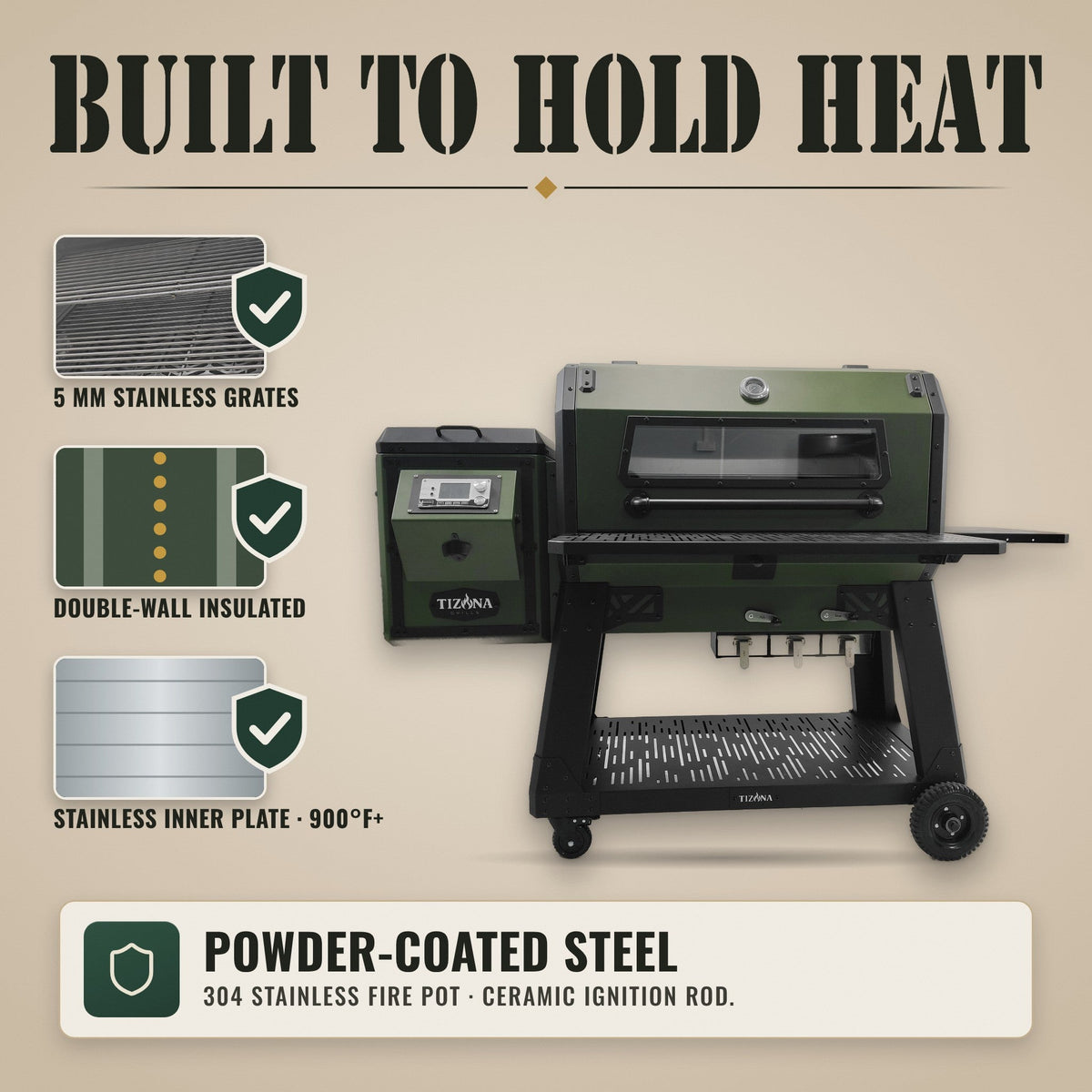 Tizona Hellcat: 5 mm stainless grates, double-wall insulation, stainless inner plate, 304 stainless fire pot