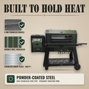 Tizona Hellcat: 5 mm stainless grates, double-wall insulation, stainless inner plate, 304 stainless fire pot