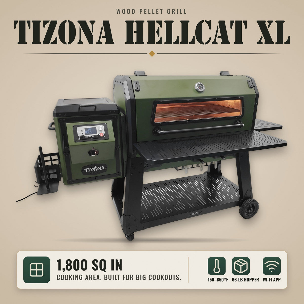 Tizona Hellcat XL wood pellet grill: 1,800 sq in cooking area, 150–850°F, 66-lb hopper, Wi-Fi app