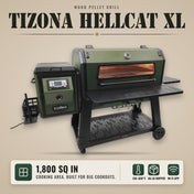 Tizona Hellcat XL wood pellet grill: 1,800 sq in cooking area, 150–850°F, 66-lb hopper, Wi-Fi app