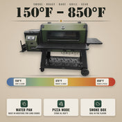 Tizona Hellcat XL 150–850°F range: smoke, roast, bake, grill, sear; water pan, pizza mode, smoke box