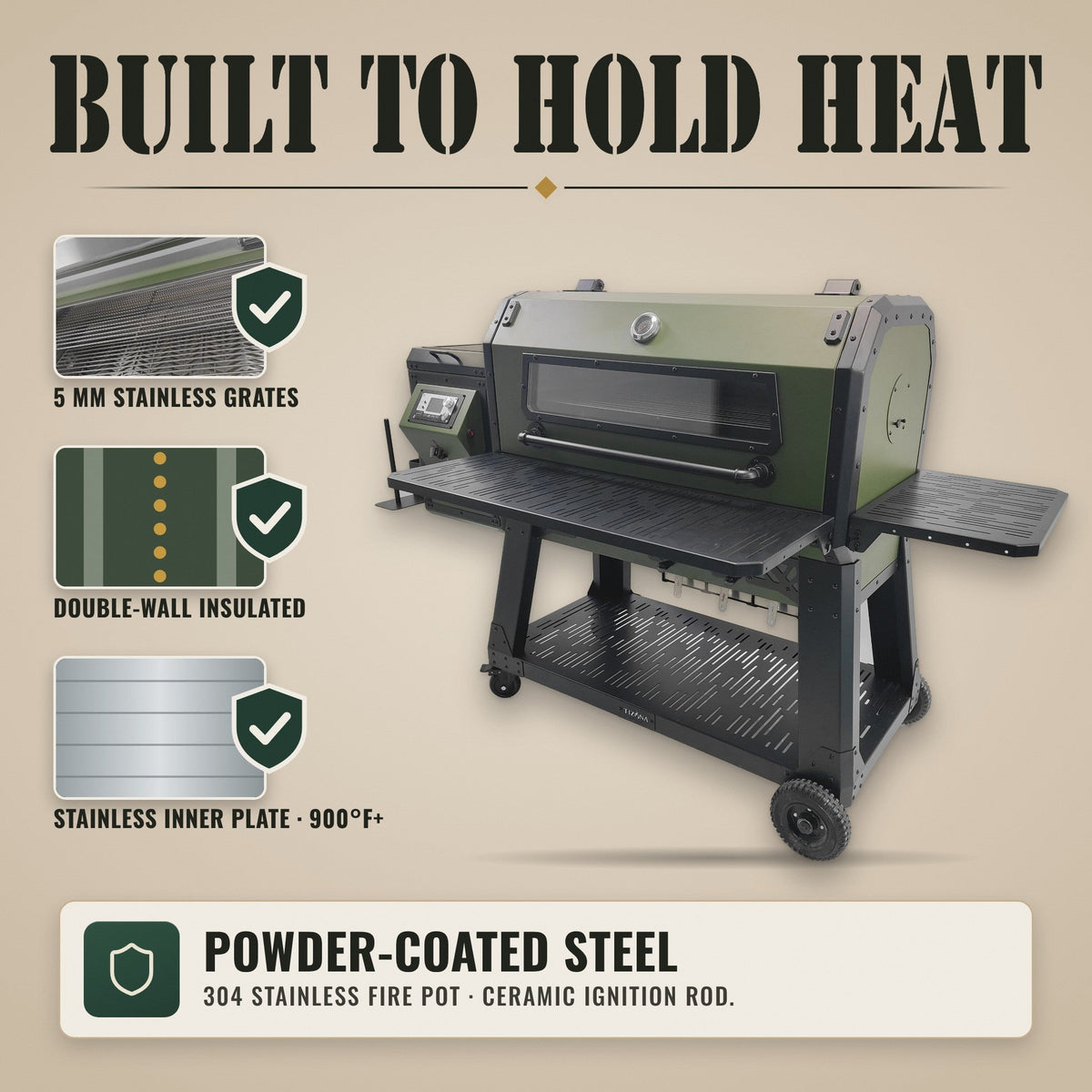 Tizona Hellcat XL: 5 mm stainless grates, double-wall insulation, stainless inner plate, 304 stainless fire pot