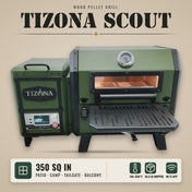 Tizona Scout wood pellet grill: 350 sq in cooking area, 150–850°F, 16.5-lb hopper, Wi-Fi app