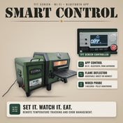 Tizona Scout TFT screen controller with Wi-Fi and Bluetooth app control, adjustable flame deflector, wired probe included