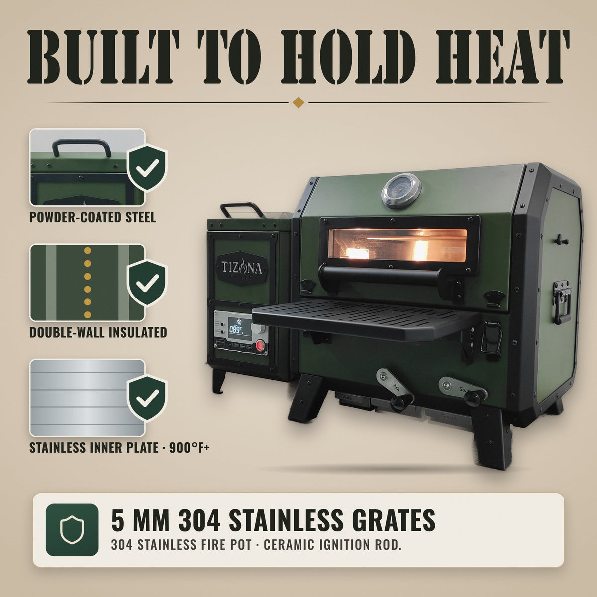 Tizona Scout: 5 mm 304 stainless grates, double-wall insulation, stainless inner plate, 304 stainless fire pot