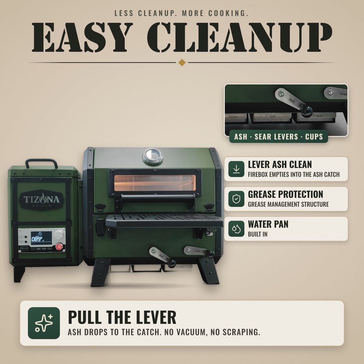 Tizona Scout lever-operated ash clean, grease management and built-in water pan