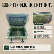 Tizona Survivor 52 keep it cold, hold it hot: thick insulated walls, lid net pocket, made for pitmasters