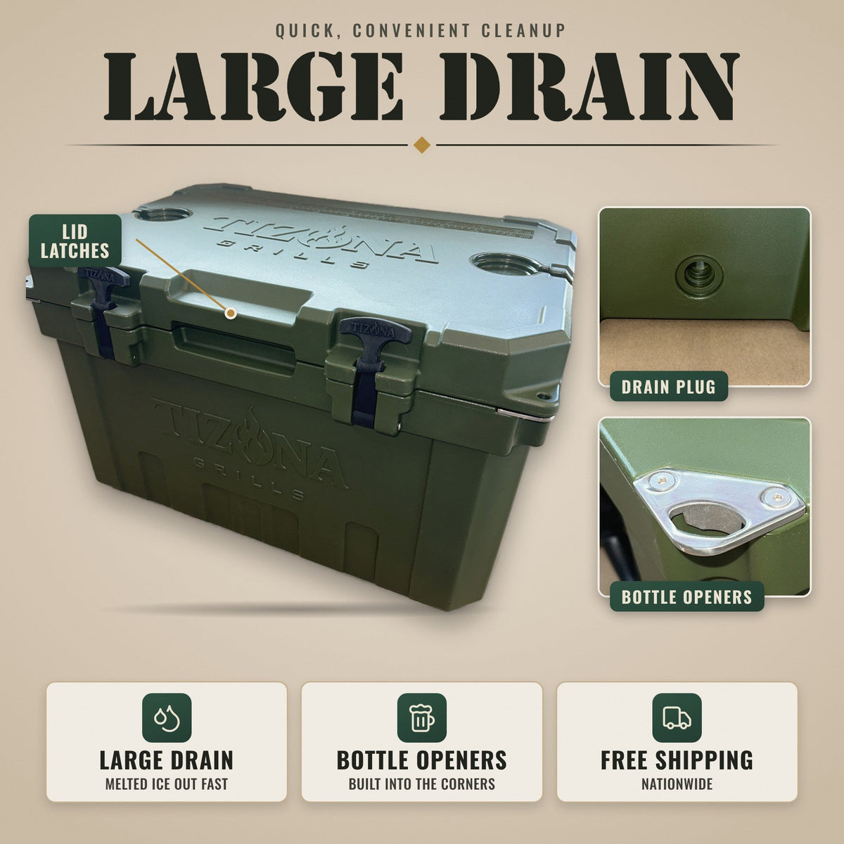 Tizona Survivor 52 large drain: drain plug, lid latches, corner bottle openers, free shipping nationwide